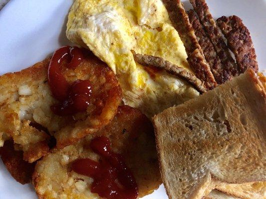 The sausage, scramble, and hash brown platter comes with toast. $6