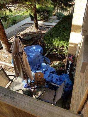 Ruined Halloween stuff and smashed plants. left roofing garbage all over patio furniture, never asked to move it or anything.