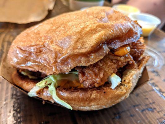 A crispy chicken sandwich (take out)