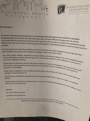 Letter stating the apartments were uninhabitable