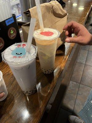 Taro with boba and lychee jelly(left) brûlée (right)