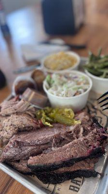 brisket, slaw, green beans, pulled pork, mac and cheese