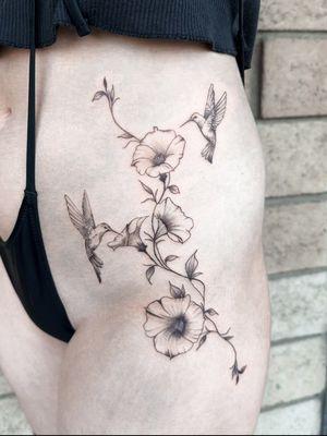 Floral hip tattoo floral vine tattoo hummingbird tattoo black and grey tattoo