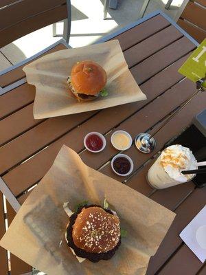 Black bean burger, shroom burger, banana foster shake. Yum!