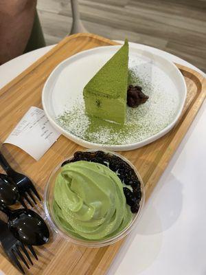 Matcha layered cake, matcha ice cream with boba.