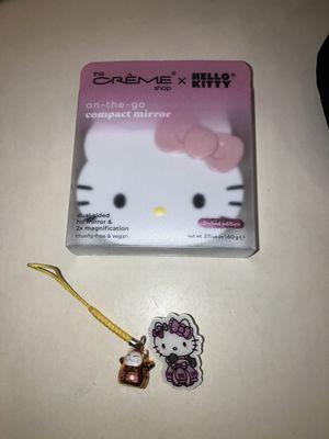 hello kitty mirror last one, pin ($3) and key chain bell ($3)