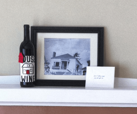 Happy Housewarming! Historic framed photo and some celebratory wine waiting for my clients in their new home.