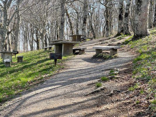 Stone picnic tables en route to craggy gardens trail from the parking lot 4/2022