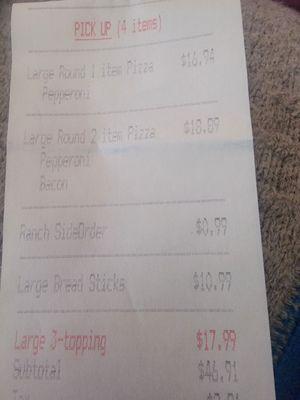 Receipt with order taken wrong