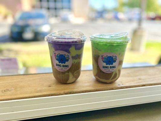 Ube Coffee & Pandan Coffee w/ extra condensed milk!