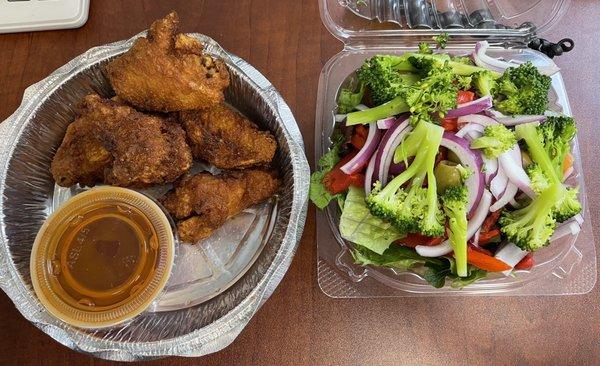 Five piece mango habanero wings and a side garden salad