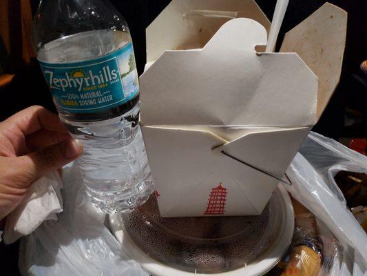 Large container of roasted pork lo mein is very big said to feed 2 people.  (Almost as tall as half a water bottle)