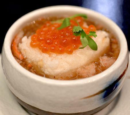 Crab with crispy tofu and Ikura