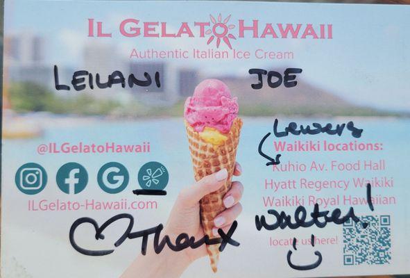 Mahalo Leilani & Joe with your Aloha welcome and service! Love, Walter White