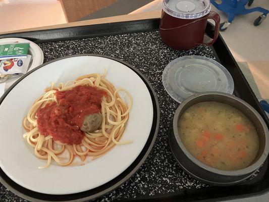 ERAS DIET. Lunch/Dinner. Spaghetti with meatball and chicken noodle soup.