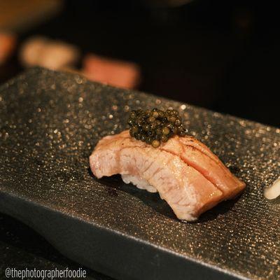 Seared 大トロ (otoro) with caviar
 IG: @thephotographerfoodie