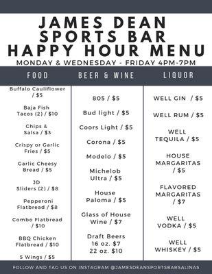 Happy Hour Menu
Monday & Wednesday - Friday
4PM-7PM