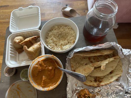 Chicken tikka masala, non-veggie samosas white rice