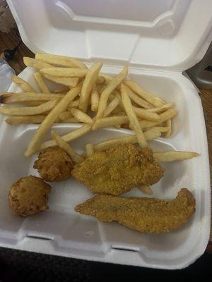 2pc fish double fries and hush puppies