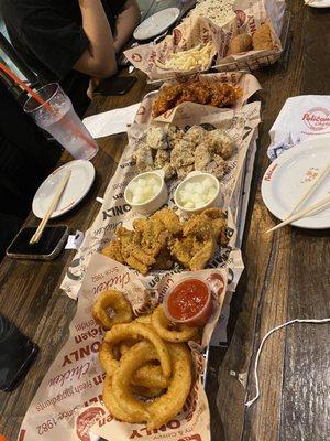 onion rings, cheese fries, twisted donut, spicy rice cake and chicken!!!