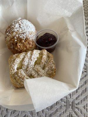 Cheese danish.  Almond croissant.  Raspberry sauce.