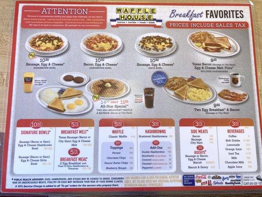 Waffle House.  Breakfast Menu.