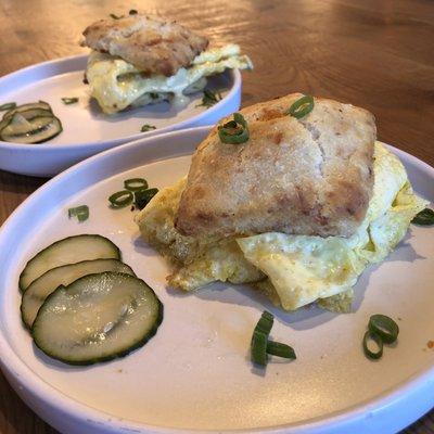 2 egg and cheese sandwiches on house made biscuits please and thank you!! Happy brunch day