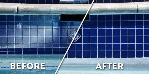 what swimming pool tile looks like after about 1.5 years of hard water deposits constantly drying up on your tile (photo on L...