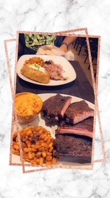 Pulled pork, loaded baked potato and house baked beans and full slab of ribs with house made baked beans and Mac-n-cheese