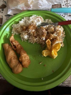 Sesame chicken, steamed rice, cream cheese wonton, sweet & sour chicken. Rice noodle with chicken is awesome!!!