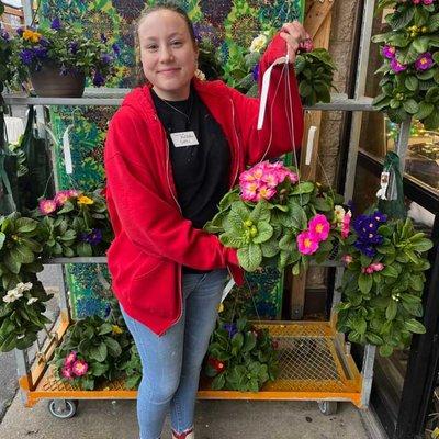 Carli with a primrose hanging basket