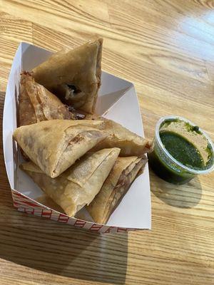 We tried the onion somosas and paneer/jalepeno/cheese somosas. Both were perfect with some hot chai!