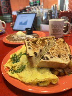 Garden Omelet with thick cinnamon raisin toast