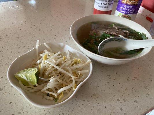 Pho (small) - Vietnamese beef soup w/ rice noodles and accompanying bean sprouts and lime