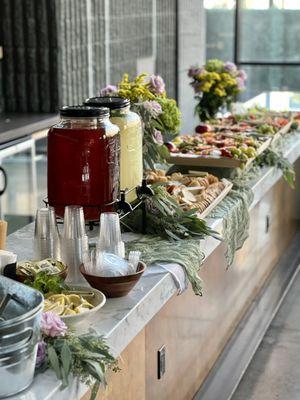 L2 grazing table with drink bar and floral