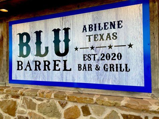 Outside sign at Blu Barrel Bar and Grill in Abilene, Texas.