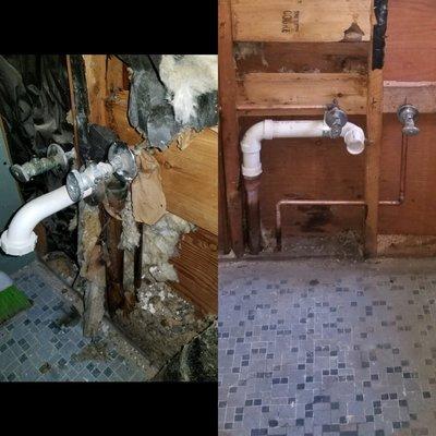 Before and after re-rough of sink to center of wall to meet new vanity location.