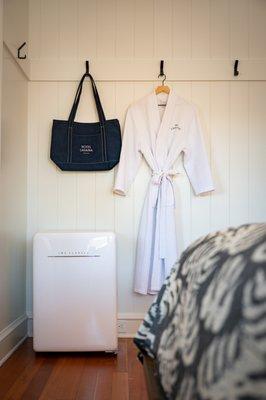 hotel lahaina maui in-room amenities, spa robes, beach bag to use and mini refrigerator