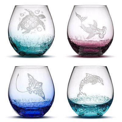 Set of 4 Crackle and Bubble Wine Glasses Sand Carved with sea animals