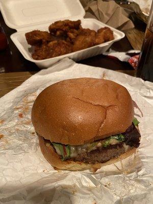 Large burger and an order of wings (dry) with Mango Habanero sauce (spicy) on the side