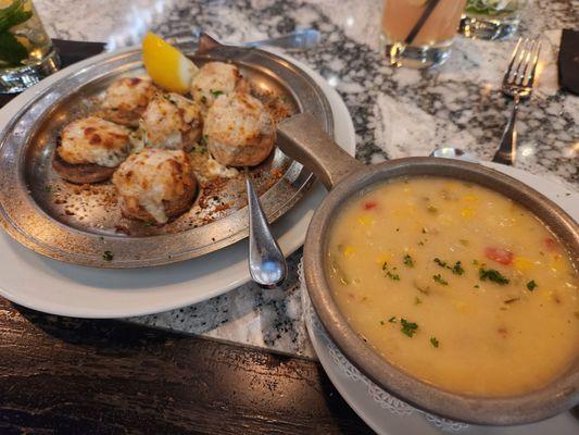 Some of the best corn chowder and crab stuffed mushrooms.