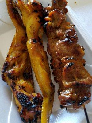 Weekends only, straight off the grill. Chicken wings and port on skewers. $1.50/each or 4/$5