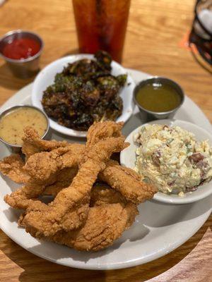 Fried Chicken Tenders Fried Brussels Sprouts and potato salad