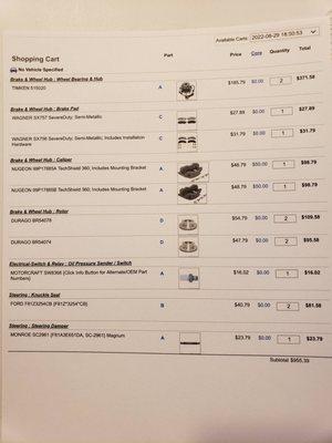 Price list for exact parts at Rockauto