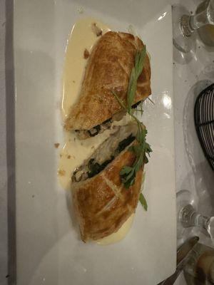 Puff pastry wrapped sole stuffed with shrimp