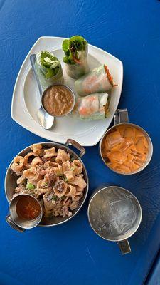 Calamari, shrimp spring rolls and Thai tea