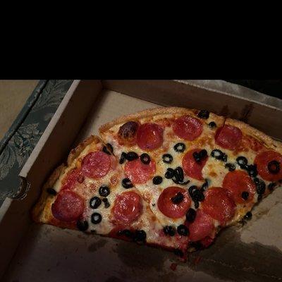 Pepperoni and black olive pizza