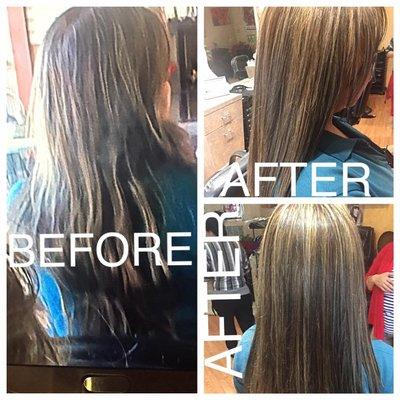 Before and after a highlight session correction (was done wrong at a different salon)