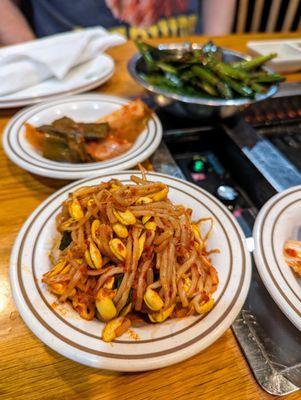 Banchan (Korean side dishes) included with our Combo A ($59.99). Close-up of spicy cold mung bean sprouts.