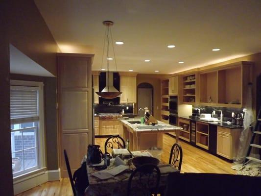 Curly maple kitchen with island and  table to match